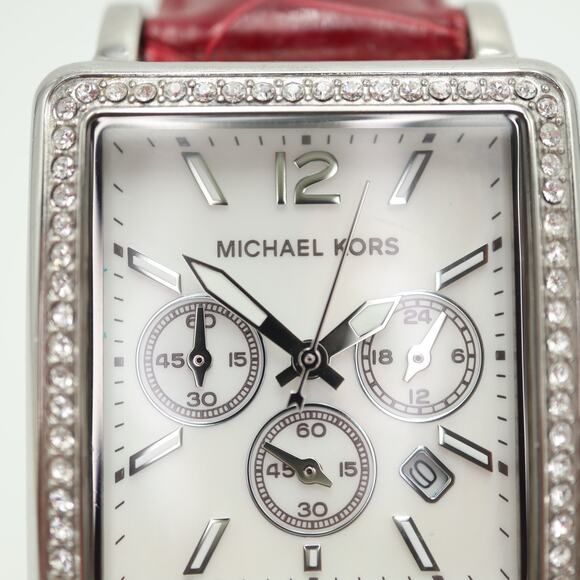 Michael Kors Silver Tone Square 33mm MOP Chronograph Watch Red Alligator Strap main image 9